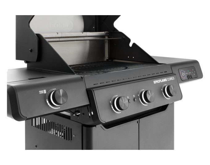 Schwarzer RÖSLE Gasgrill Epicflame Core 3/50mbar mit drei Edelstahlbrennern, Glasdeckel, Seitentisch und Unterschrank mit Schubladen.