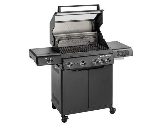 RÖSLE Gasgrill Epicflame Pro 4 in Schwarz mit Seitentischen, Edelstahlkomponenten, emailliertem Gusseisen-Grillrost und geschlossenem Unterschrank.