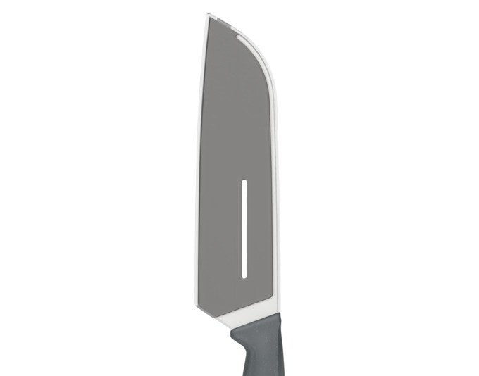 ZYLISS Santokumesser mit 15 cm langer Edelstahlklinge und ergonomischem Griff aus Weizenstrohmaterial in Grau-Silber, freigestellt fotografiert.