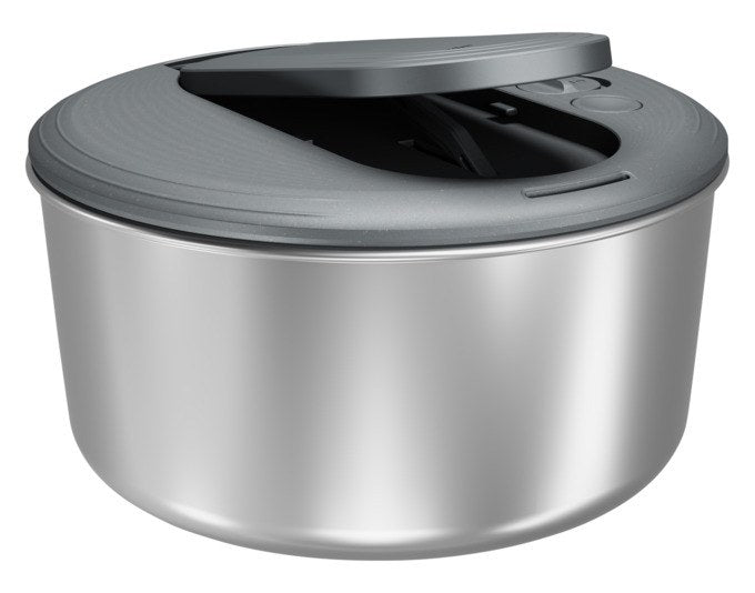 Edelstahl-Salatschleuder ZYLISS Swift Dry S in rundem Design mit Deckel, Ausgiesser und Stopp-Taste, Farbe Silber-Grau.