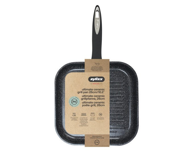 Schwarze ZYLISS Grillpfanne Ultimate mit keramischer Antihaftbeschichtung, quadratischer Form, Grillrillen und ergonomischem Soft-Touch-Griff.