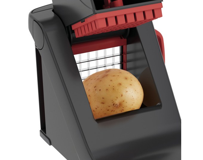ZYLISS Pommes-Frites und Gemüseschneider in Schwarz und Rot mit Griff und zwei austauschbaren Klingen, 7 und 9 mm Schnittbreite.