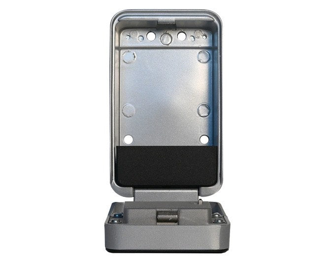Schwarzer MASTER LOCK Schlüsselsafe aus Aluminium mit Zahlenkombination, Rollladentür und Montageset für die Wand, Grösse 124x75x50 mm.