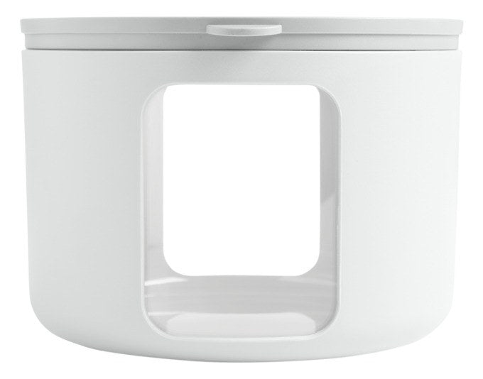 Runde weisse Vorratsdose Tondo M von BLIMPLUS mit transparentem Deckel und seitlichen Sichtfenstern, ø 14.5 cm, Höhe 11 cm.