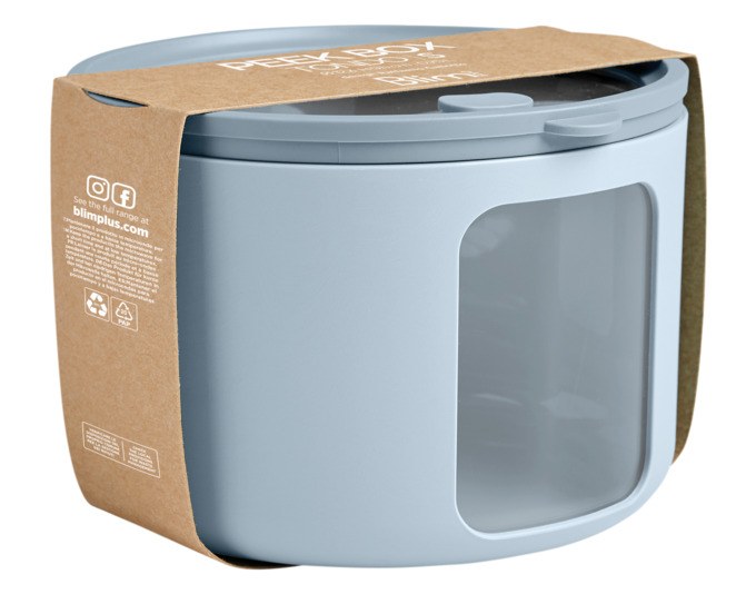 Runde graue Vorratsdose BLIMPLUS Tondo M mit transparentem Deckel, seitlichen Sichtfenstern und stapelbarer Form, Durchmesser 14.5 cm.