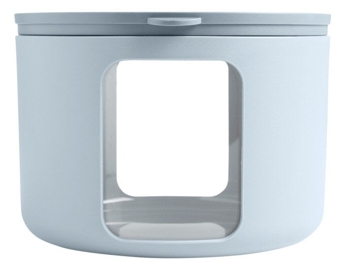 Runde graue Vorratsdose BLIMPLUS Tondo M mit transparentem Deckel, seitlichen Sichtfenstern und stapelbarer Form, Durchmesser 14.5 cm.