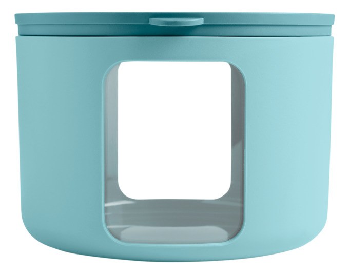 Runde Vorratsdose Tondo M von BLIMPLUS in Teal mit transparentem Deckel, seitlichen Sichtfenstern und stapelbarer Bauform, Durchmesser 14.5 cm.