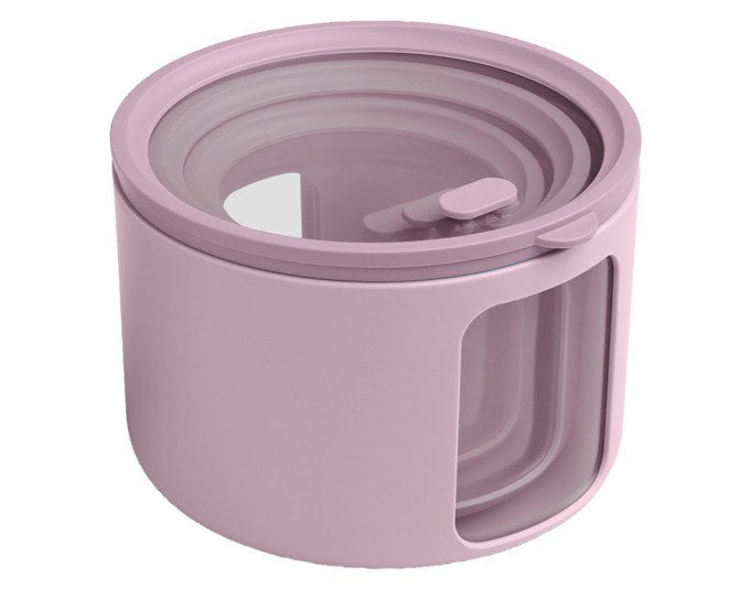 Drei runde Vorratsdosen in Mauve in den Grössen M, S und XS mit transparenten Deckeln und seitlichen Sichtfenstern, stapelbar angeordnet.