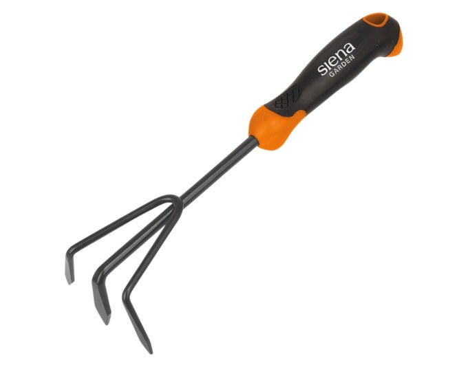Handgrubber mit orangefarbenem 2-Komponenten-Griff und schwarzem Stahlkopf mit drei Zinken auf weissem Hintergrund.