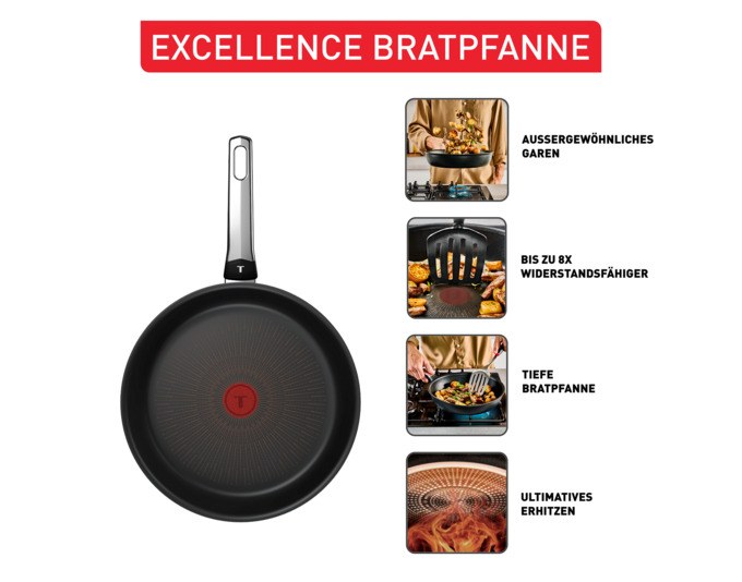 Schwarze TEFAL Bratpfanne Excellence G7 mit 32 cm Durchmesser, silbernem Griff und tiefer Form für grössere Portionen.