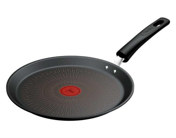 Schwarze TEFAL Crêpepfanne Excellence G7 mit 25 cm Durchmesser, flacher Form und Antihaftbeschichtung, fotografiert von oben.