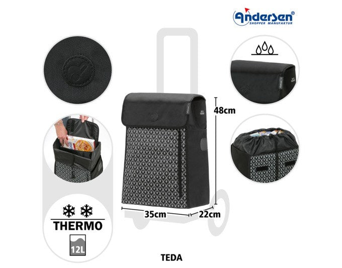 Schwarzer Einkaufswagen ANDERSEN Scala Teda mit Aluminiumgestell, abnehmbarer Tasche und integriertem Thermofach, auf Rollen stehend.