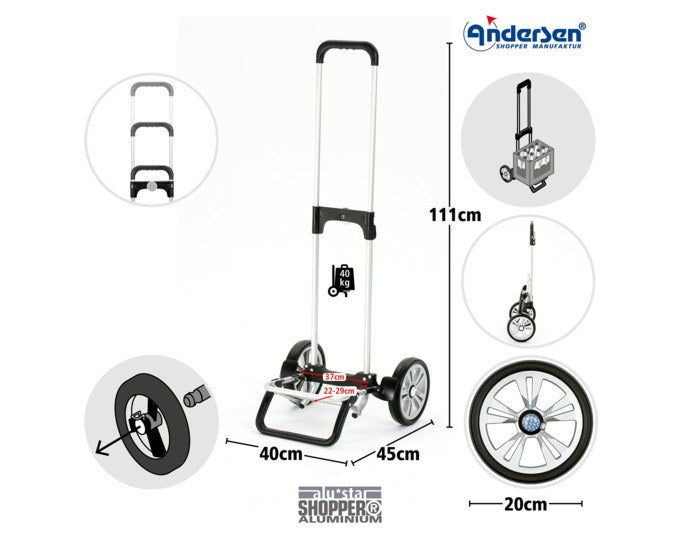 Blauer Einkaufstrolley ANDERSEN Alu Star Hera mit Aluminiumgestell, Flüsterrädern und abnehmbarer Stofftasche, Ansicht seitlich.