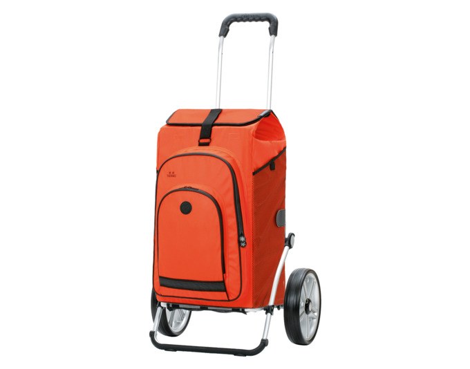 Oranger Einkaufswagen ANDERSEN Royal Hydro 3.0 mit Aluminiumgestell, vier Rädern und abnehmbarer isolierter Vortasche in Textiloptik.