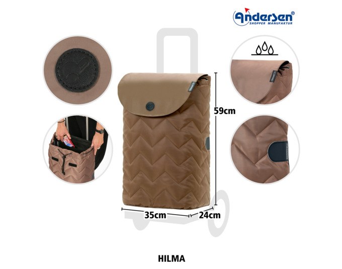 Brauner Einkaufstrolley mit Aluminiumgestell, grossen Rädern und abnehmbarer Stofftasche, Seitenansicht auf hellem Hintergrund.