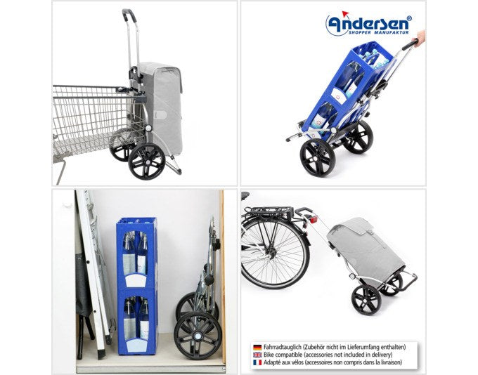 Brauner Einkaufstrolley mit Aluminiumgestell, grossen Rädern und abnehmbarer Stofftasche, Seitenansicht auf hellem Hintergrund.