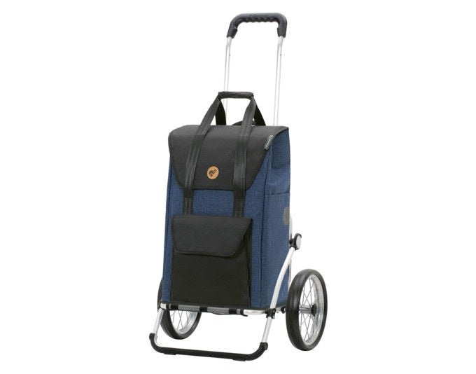 Blauer ANDERSEN Einkaufswagen Royal Senta 2.0 mit Aluminiumgestell, abnehmbarer Tasche und zwei grossen Rädern, freigestellt fotografiert.