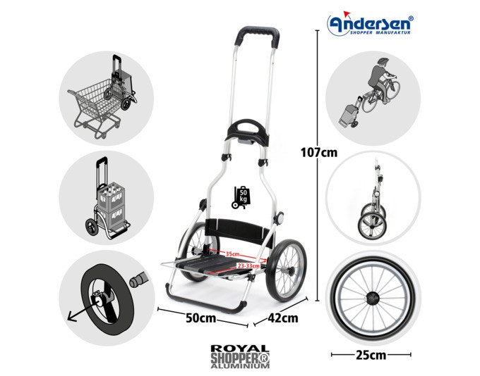 Blauer ANDERSEN Einkaufswagen Royal Senta 2.0 mit Aluminiumgestell, abnehmbarer Tasche und zwei grossen Rädern, freigestellt fotografiert.