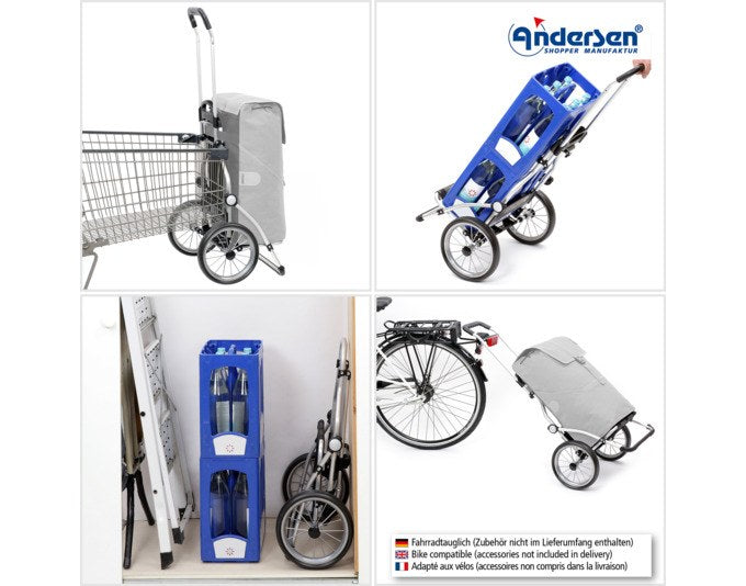 Blauer ANDERSEN Einkaufswagen Royal Senta 2.0 mit Aluminiumgestell, abnehmbarer Tasche und zwei grossen Rädern, freigestellt fotografiert.