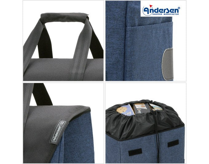 Blauer ANDERSEN Einkaufswagen Royal Senta 2.0 mit Aluminiumgestell, abnehmbarer Tasche und zwei grossen Rädern, freigestellt fotografiert.