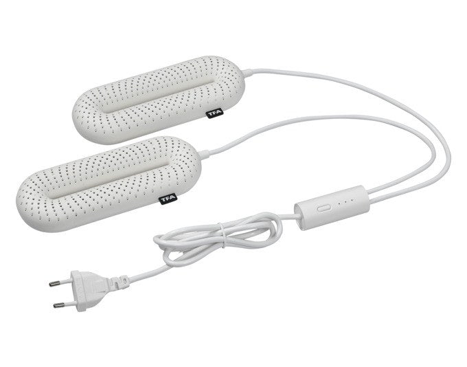 Weisser elektrischer Schuhtrockner von TFA aus Kunststoff mit langem Kabel, kompakte Form zum Einlegen in Schuhe, EU-Stecker sichtbar.
