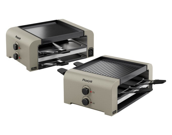 Tischgrill STÖCKLI PizzaGrill 4 Connect Set in Ivory Gold mit acht antihaftbeschichteten Pfännchen und wendbarer Aluguss-Grillplatte.