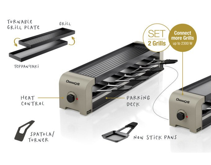 Zwei STÖCKLI CheeseGrill 4 Connect Tischgrills in Ivory Gold mit acht Pfännchen, Kunststoffspachteln und einer Wende-Grillplatte aus Aluguss.