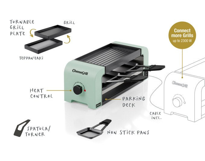 STÖCKLI CheeseGrill 2 Connect in Mint Green mit zwei antihaftbeschichteten Pfännchen, wendbarer Aluguss-Grillplatte und Kunststoffspachteln auf hellem Untergrund