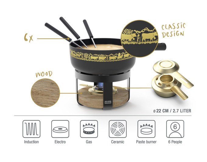 Schwarzes Fondue-Set STÖCKLI Pilatus Wood Classic mit Gusseisen-Caquelon, goldenem Alp-Dekor, Holzeinsatz-Rechaud und sechs Fonduegabeln.