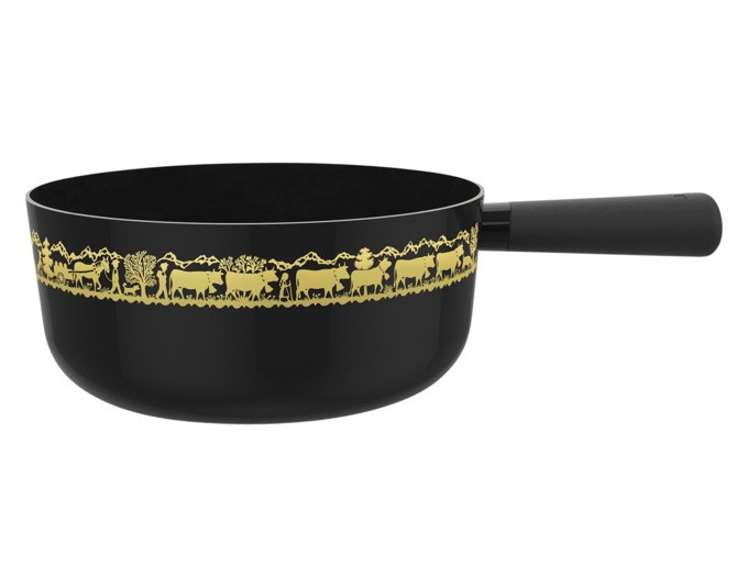 Schwarzes Fondue Caquelon aus Stahl-Email mit rundem Boden, schwarzem Bakelitgriff und goldfarbenem Alp-Dekor, Durchmesser 19 cm.