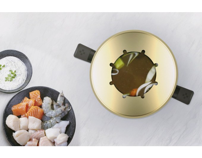 Schwarzer Fonduetopf aus Stahl-Email mit Rechaud, Pastenbrenner und Spritzschutz, Durchmesser 19 cm, Volumen 2.1 Liter.