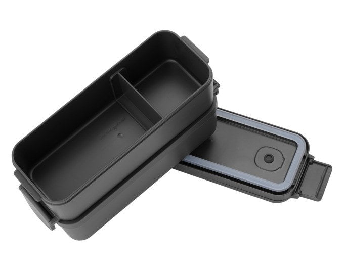 BRABANTIA Lunchbox Make&Take lang in Dark Grey, rechteckige Form mit Deckel und Clips, Bento-Aufteilung mit Trennwand sichtbar.