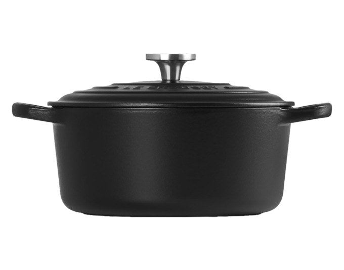 Schwarzer runder Bräter aus emailliertem Gusseisen mit Deckel, LE Creuset Signature Crucible