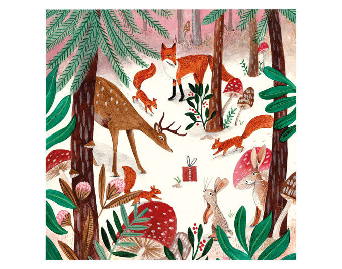 Bedruckte PPD Papierserviette Let's stick together, 33x33 cm, dreilagig aus 100% Tissue, mit 1/4 Falzung, in Weiss, Rot, Braun und Grün.