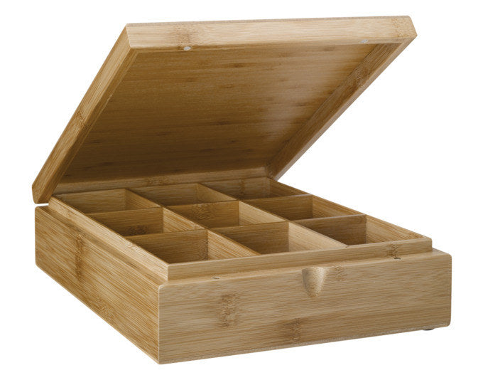 Braune Teebox aus Bambus mit neun offenen Fächern und geschlossenem Deckel, rechteckige Form, Aufbewahrungsdose für Teebeutel von BREDEMEIJER.