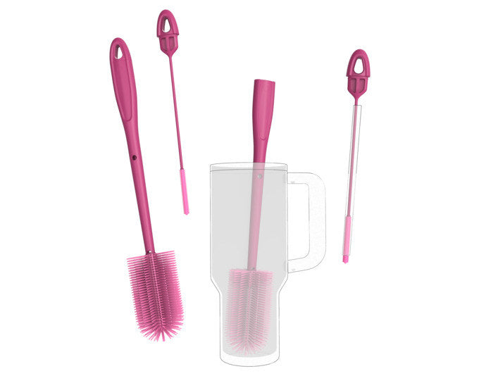 Pinke Becherbürste 2-in-1 aus flexiblem Silikon mit separater Trinkhalmbürste, Griff und runder Borstenform für Becher und Flaschen.