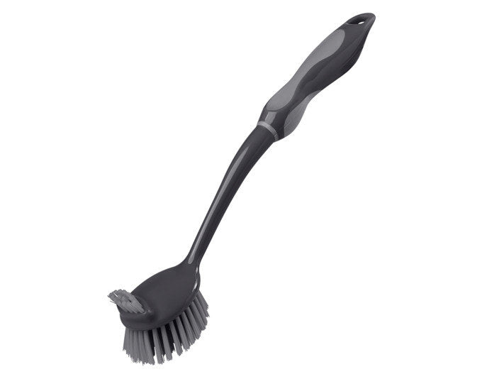 Anthrazitfarbene Spülbürste aus Nylon mit langem Stiel, 32 cm Länge, für die Reinigung von Töpfen, Pfannen und Geschirr im Haushalt.
