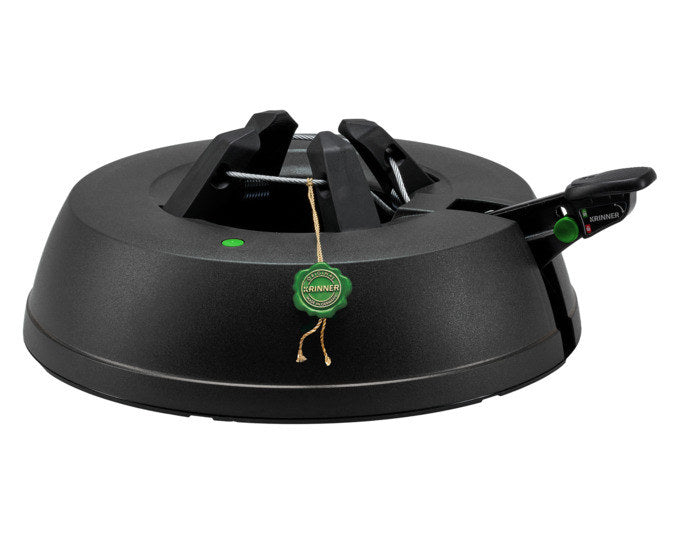 Schwarzer Christbaumständer KRINNER Green Line Comfort Grip + S mit Sicherheitspedal, Sicherheitsgurt und integriertem Wassertank, Durchmesser 34 cm.