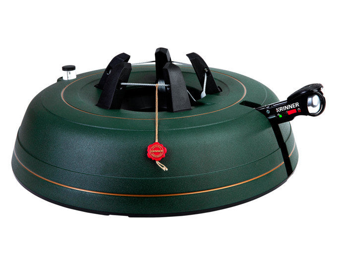 Schwarzer runder Christbaumständer KRINNER Ultra Grip + XXL mit Durchmesser 52 cm, Fusspedal und Sicherheitsgurt zur Fixierung des Baumstamms.