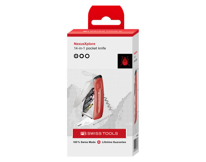 Rotes Taschenmesser NexusXplore von PB Swiss Tools mit mehreren Werkzeugen im Griff