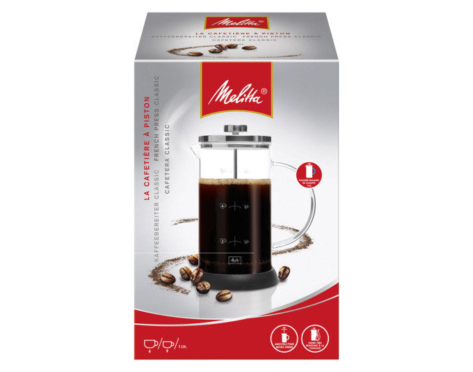 Kaffeebereiter mit Glaskanne aus Borosilikatglas, ergonomischem Griff und Presssieb aus Edelstahl für die manuelle Kaffeezubereitung.