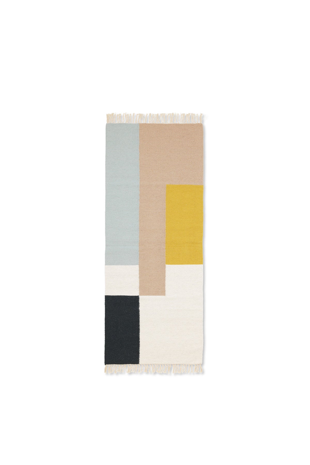 Mehrfarbiger Kelim Läufer von Ferm Living aus 80% Wolle und 20% Baumwolle, handgewebt mit geometrischen Mustern, 180 x 70 cm, flache Webstruktur.