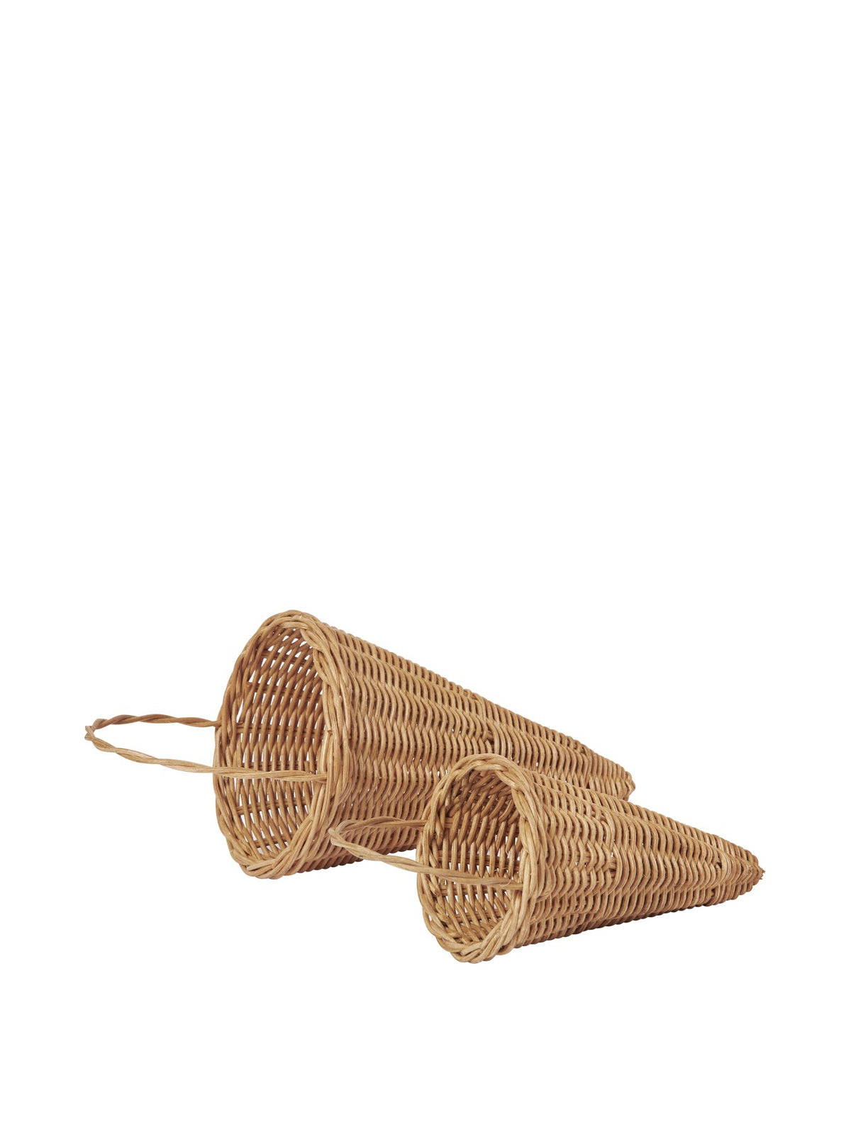 Set aus zwei handgeflochtenen Weihnachtsglocken aus natürlichem Rattan, Ornament von Ferm Living in honigfarbenem Ton.