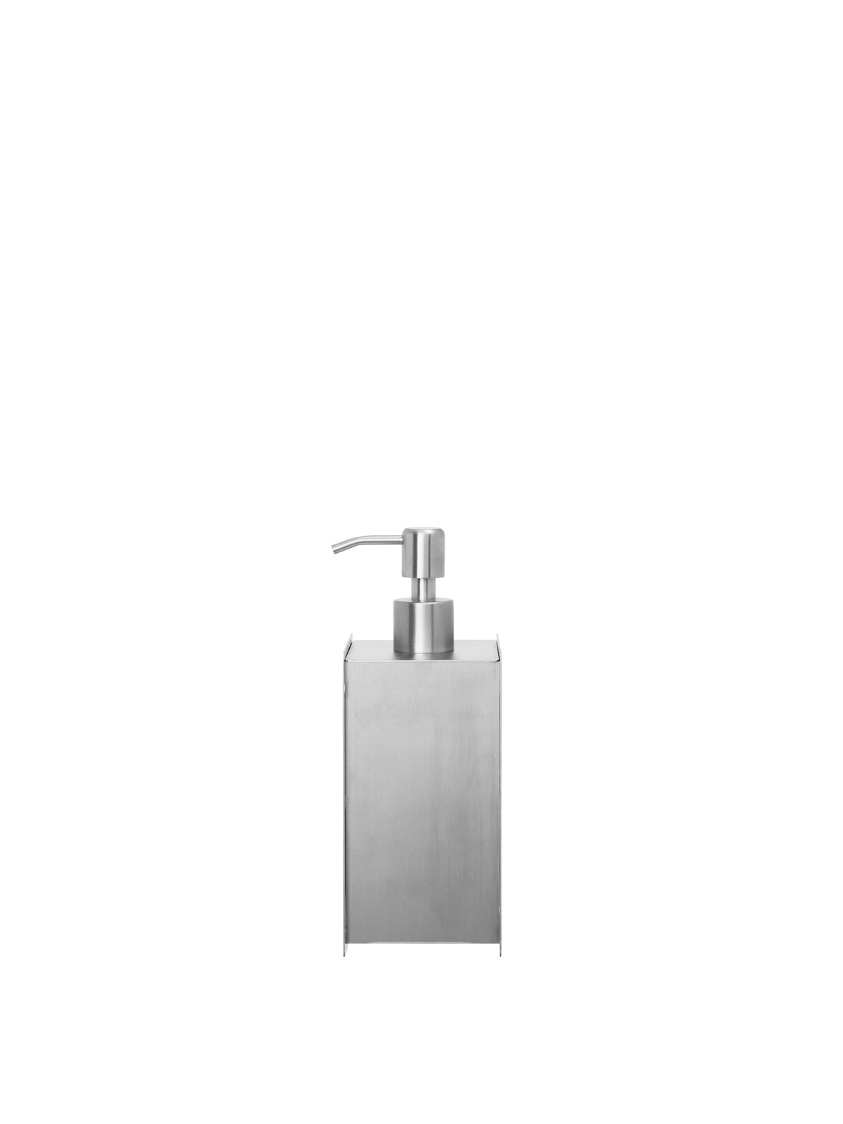 Sama Seifenspender von Ferm Living aus gebürstetem Edelstahl, klare geometrische Form, für das Badezimmer.