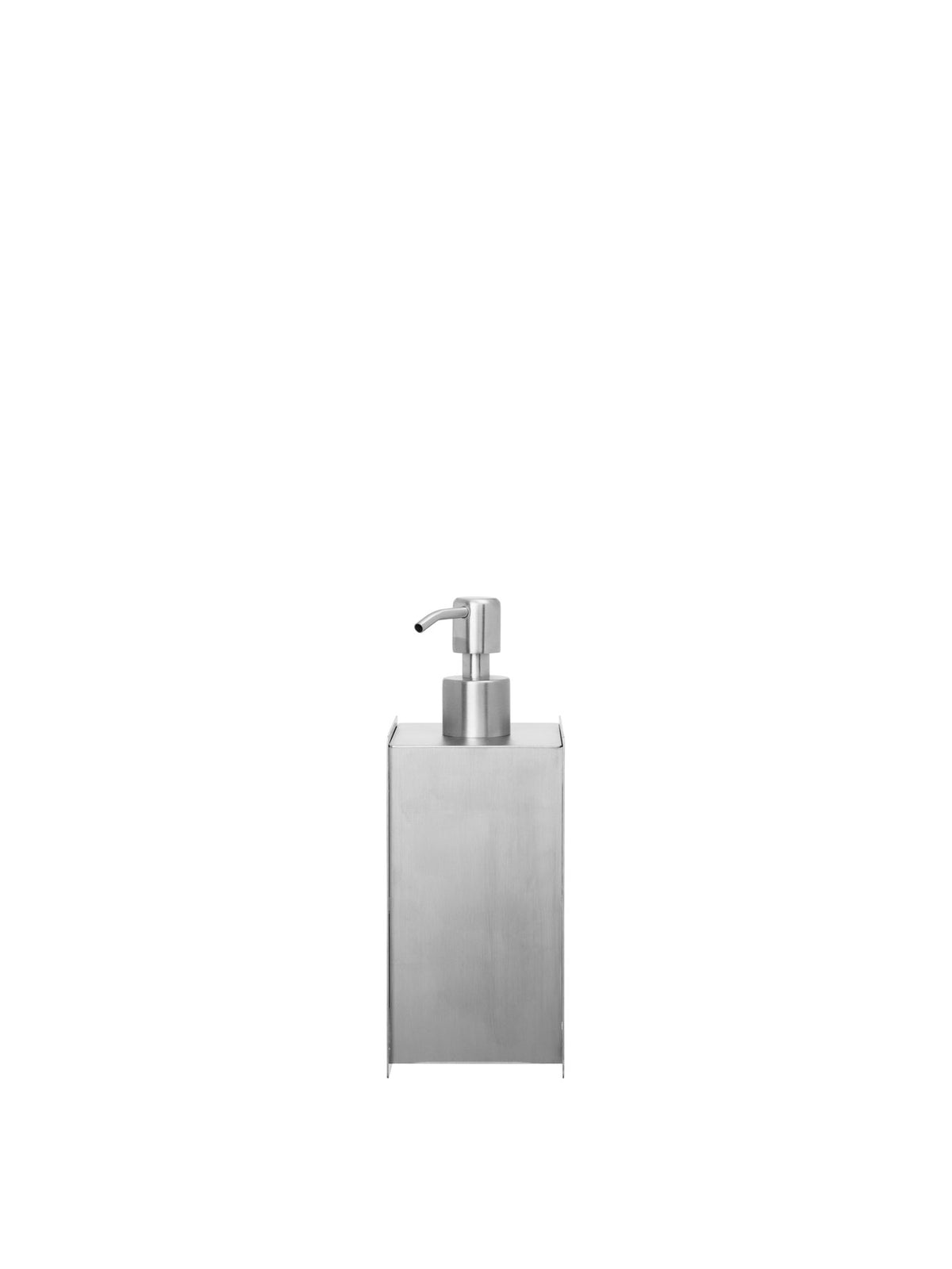 Sama Seifenspender von Ferm Living aus gebürstetem Edelstahl, klare geometrische Form, für das Badezimmer.