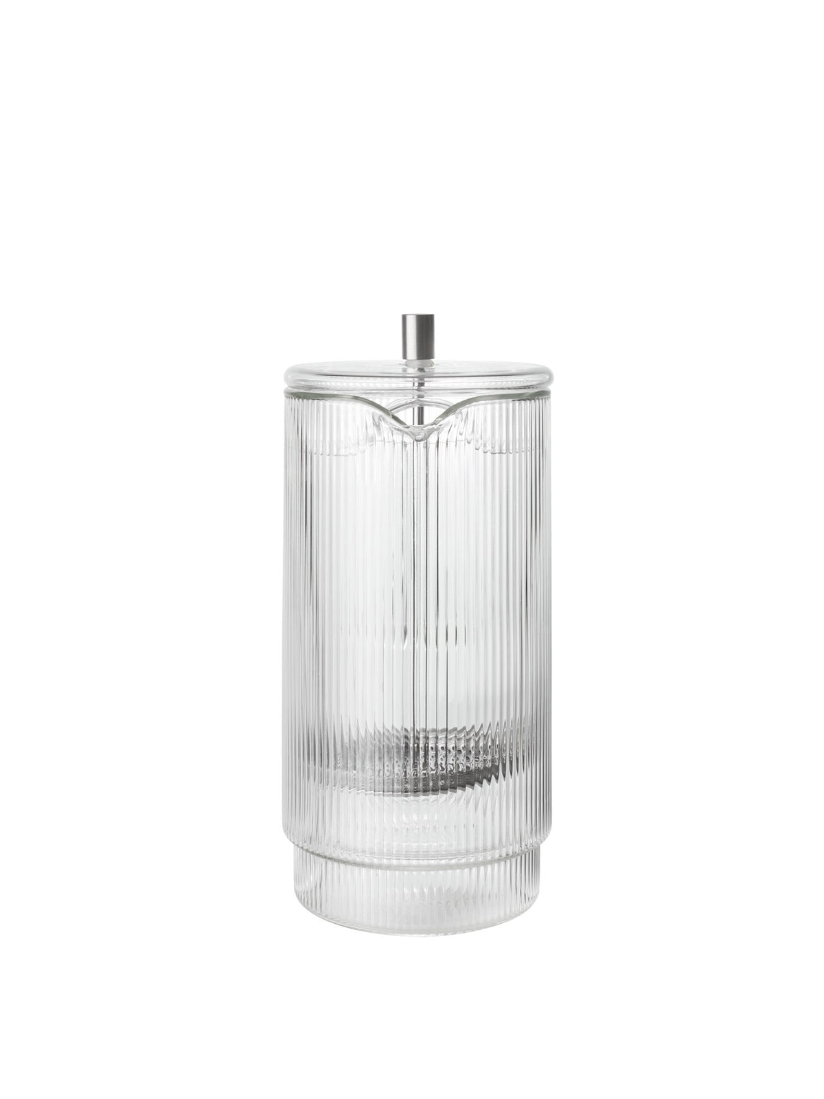 Doppelwandige French Press aus mundgeblasenem Glas mit geriffelter Oberfläche und Edelstahl-Deckel, transparent, zylindrische Form.