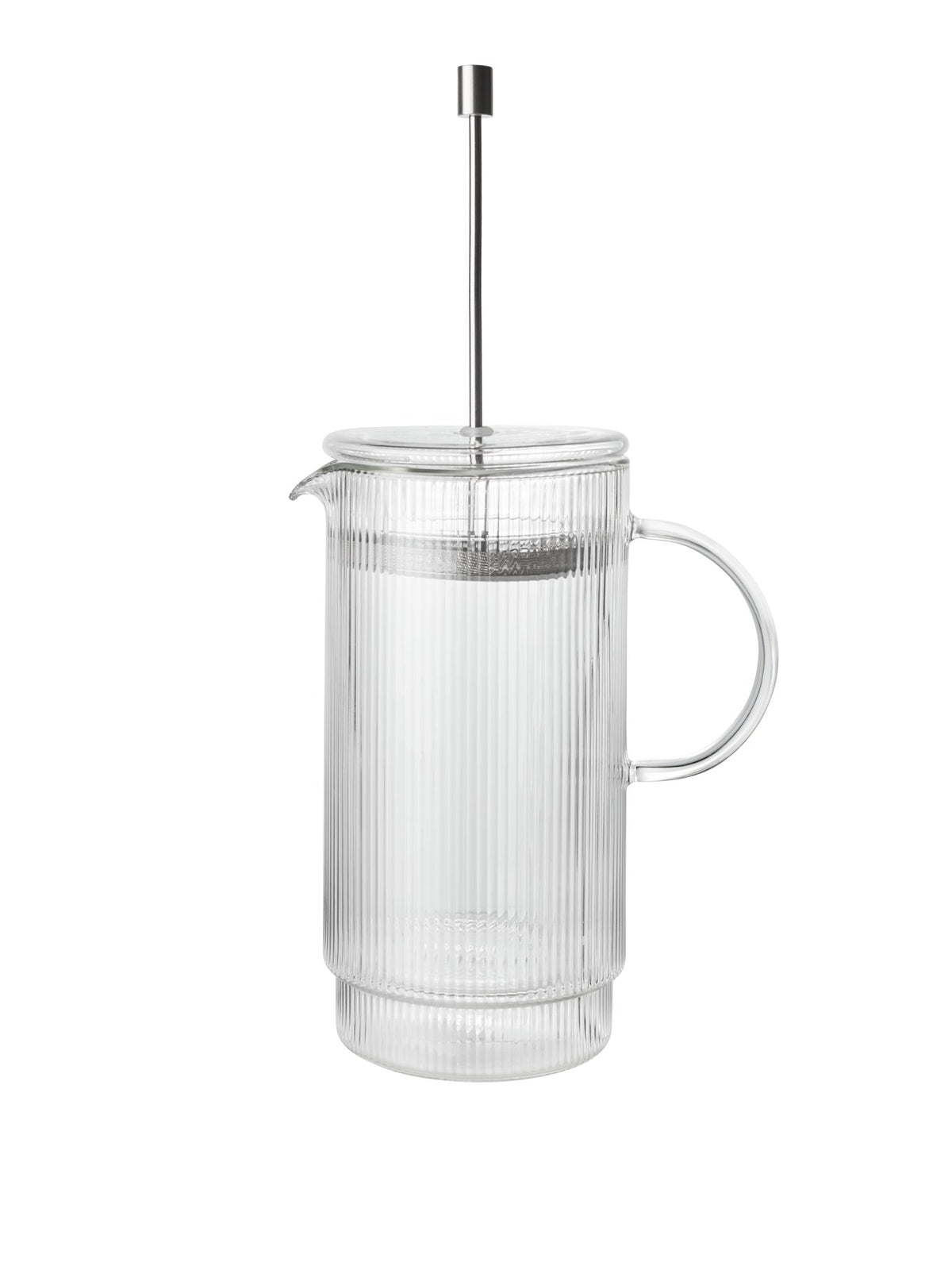 Doppelwandige French Press aus mundgeblasenem Glas mit geriffelter Oberfläche und Edelstahl-Deckel, transparent, zylindrische Form.