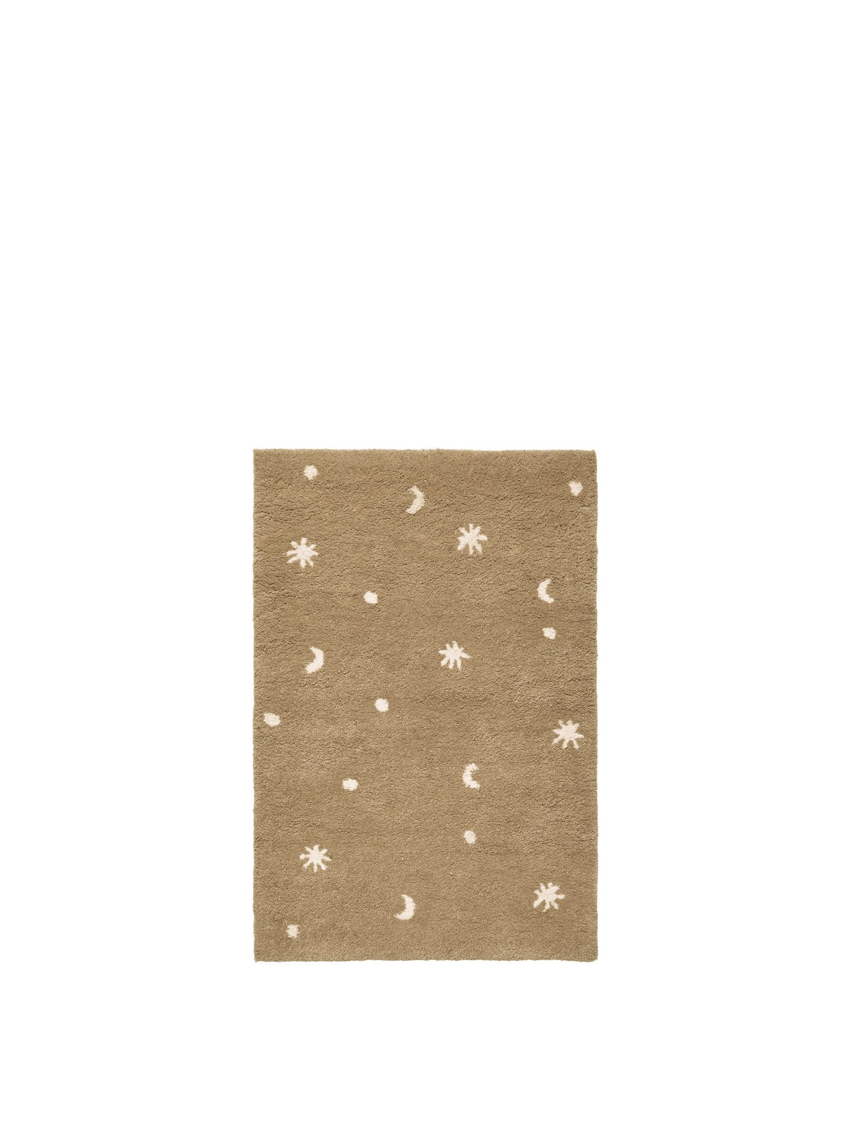 Handgetufteter Teppich Skye in Cashmere von Ferm Living aus Neuseelandwolle und Baumwolle, mit Mond-, Stern- und Punktmuster.