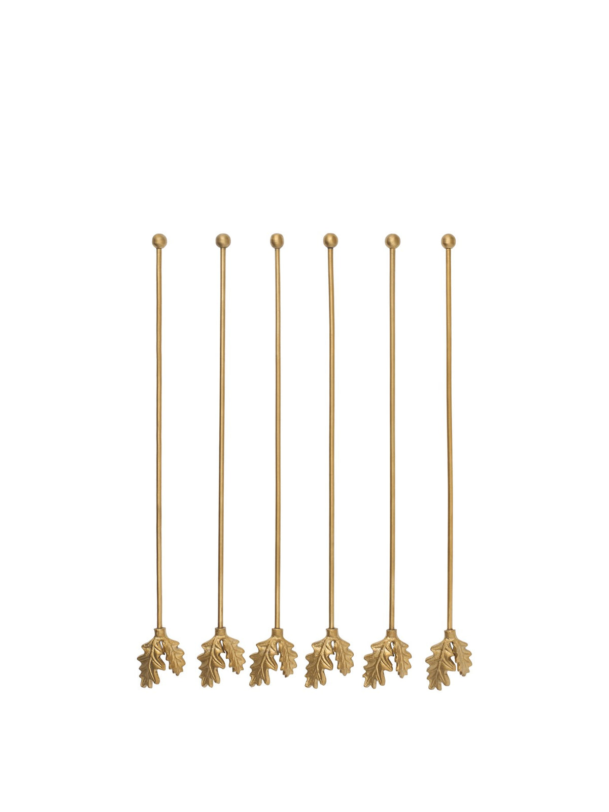 Sechs schlanke Rührstäbchen aus Messing mit Edelstahlkern, Griffe in Eichenblattform, Länge 24 cm, Durchmesser 0.3 cm.