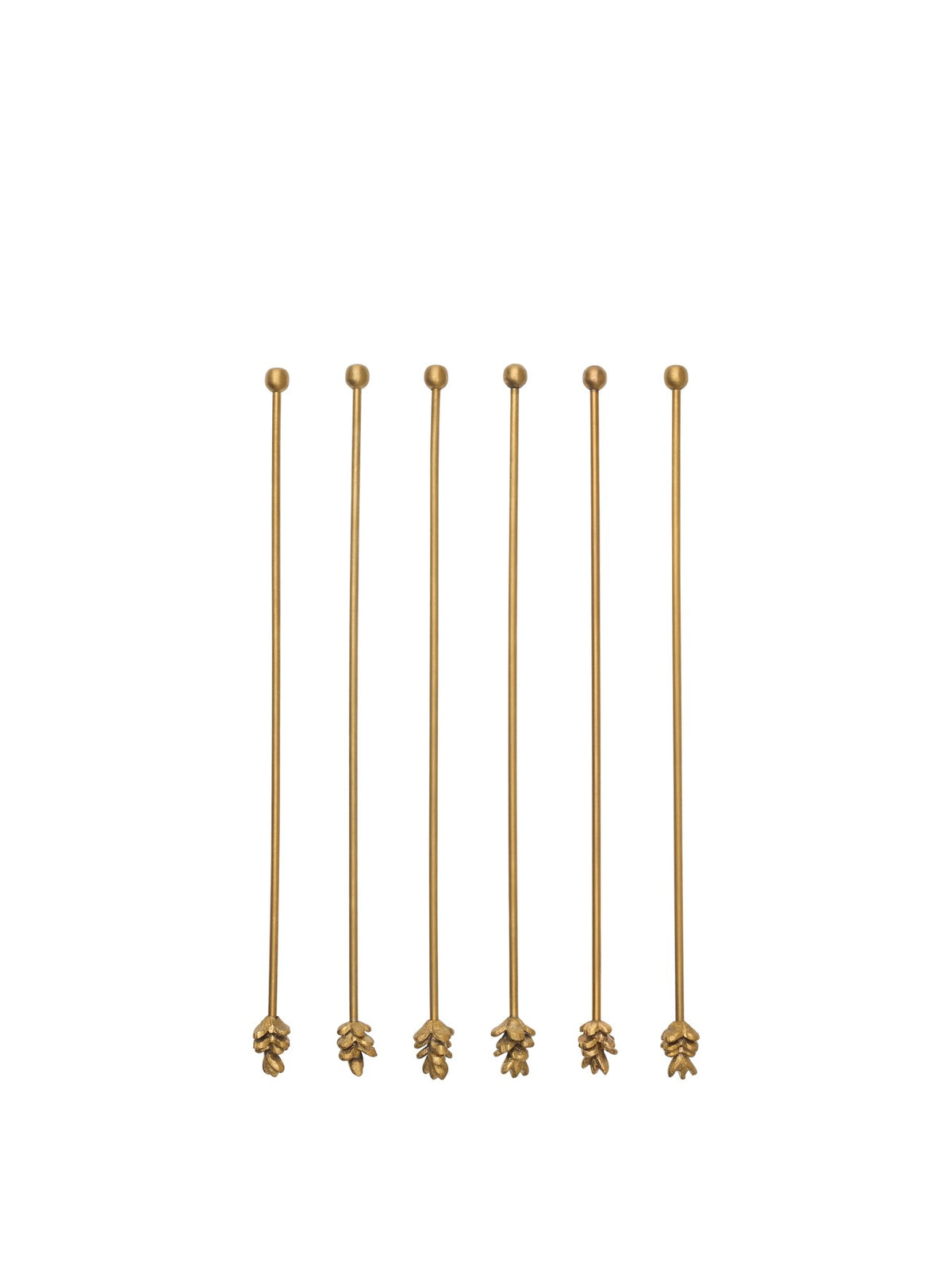 Sechs schlanke Rührstäbchen aus massivem Messing und Edelstahl mit PVD-Beschichtung, Länge 24 cm, in feiner Ast-Optik gestaltet.